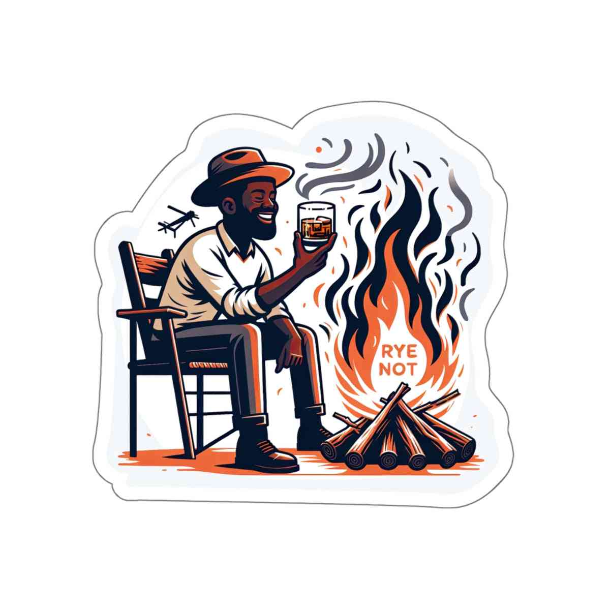 Whiskey-themed kiss cut sticker with a man relaxing by a fire, ideal for bartenders, drink lovers, or festive packaging.