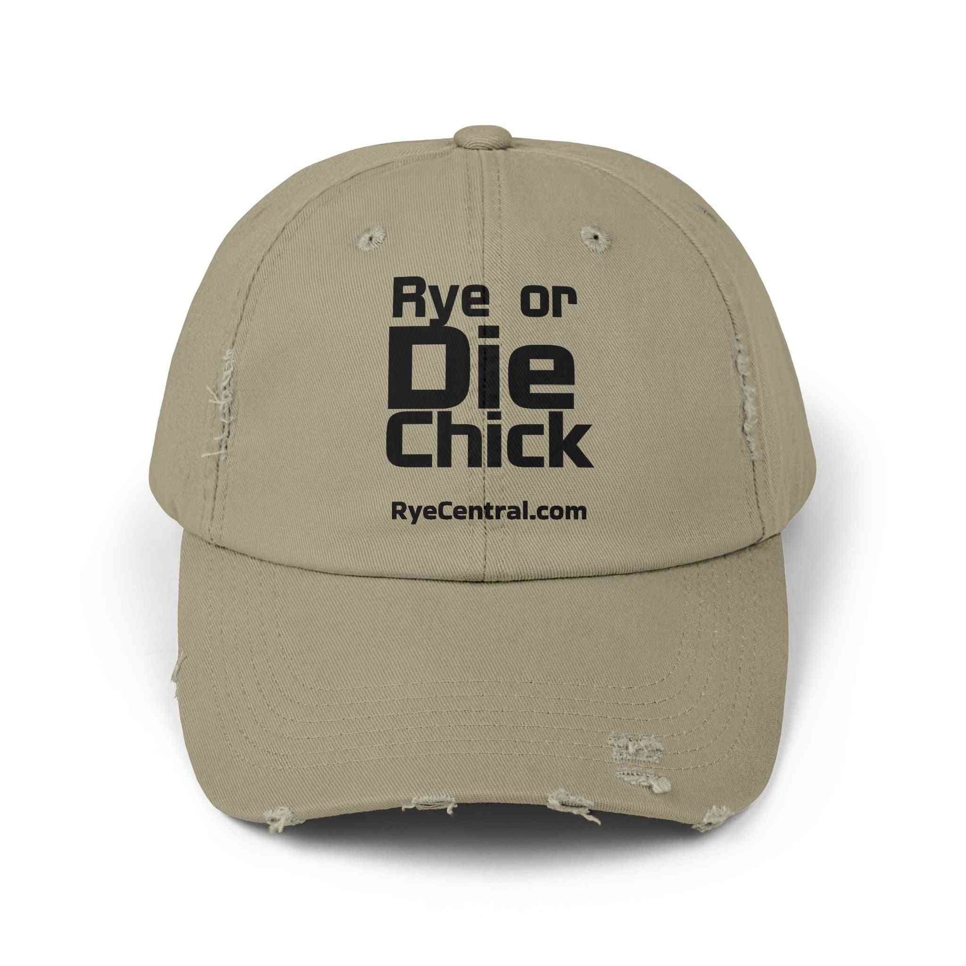 Olive green Rye Whiskey Distressed Cap with bold 'Rye or Die Chick' print, ideal for whiskey enthusiasts seeking rugged style.