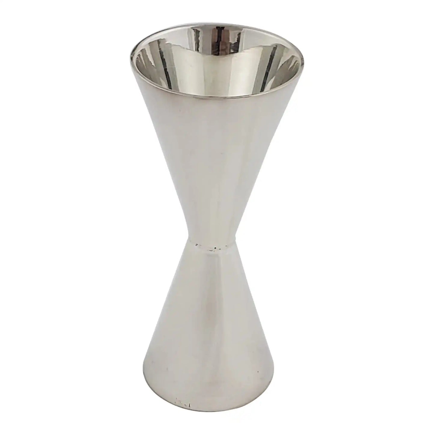Cone shaped double silver plated jigger with matte interior, ideal for precise cocktail measuring in home bars and kitchens.