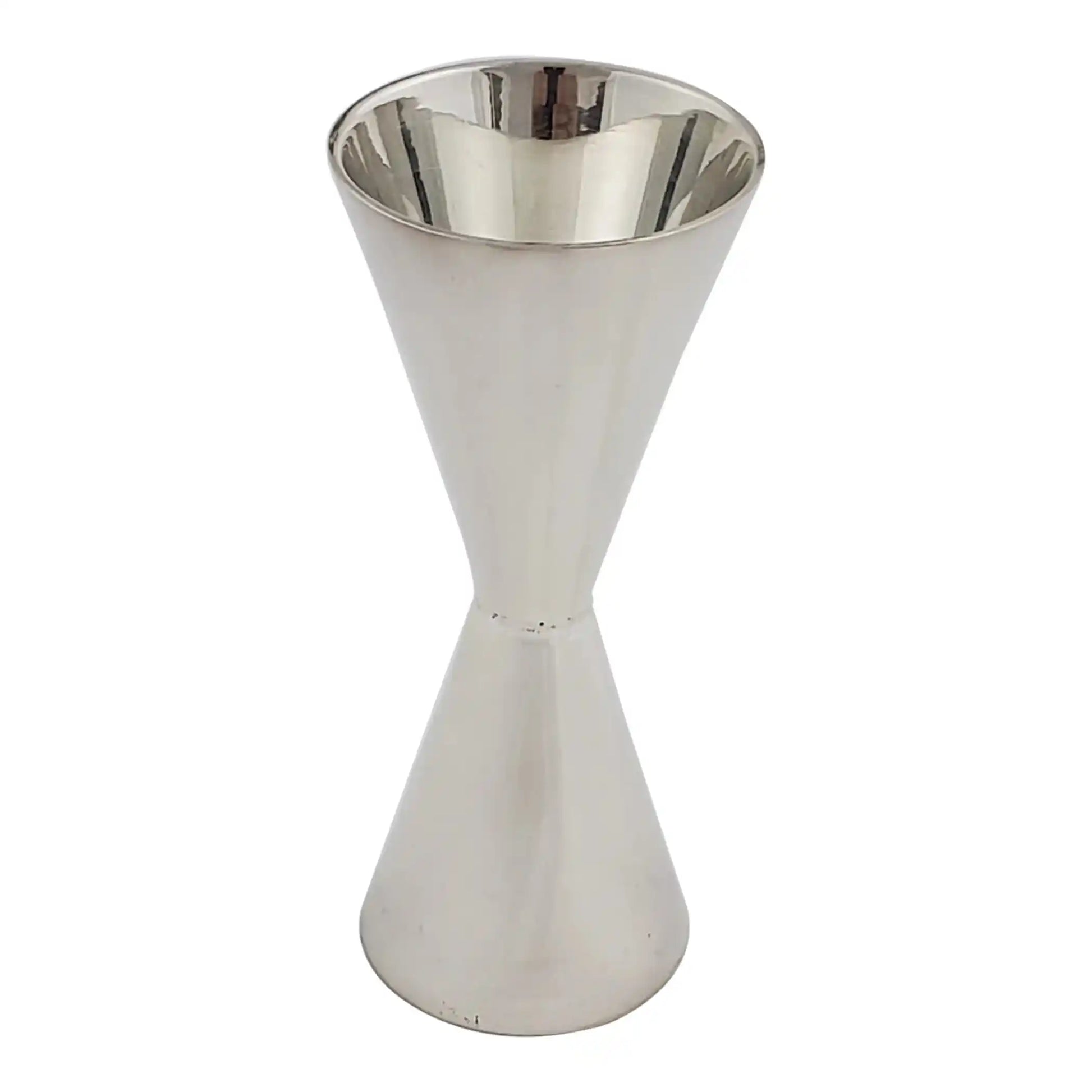 Cone shaped double silver plated jigger with matte interior, ideal for precise cocktail measuring in home bars and kitchens.