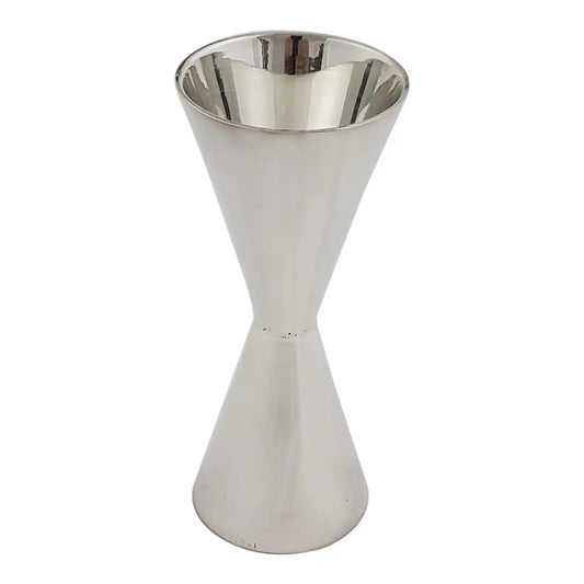 Cone shaped double silver plated jigger with matte interior, ideal for precise cocktail measuring in home bars and kitchens.