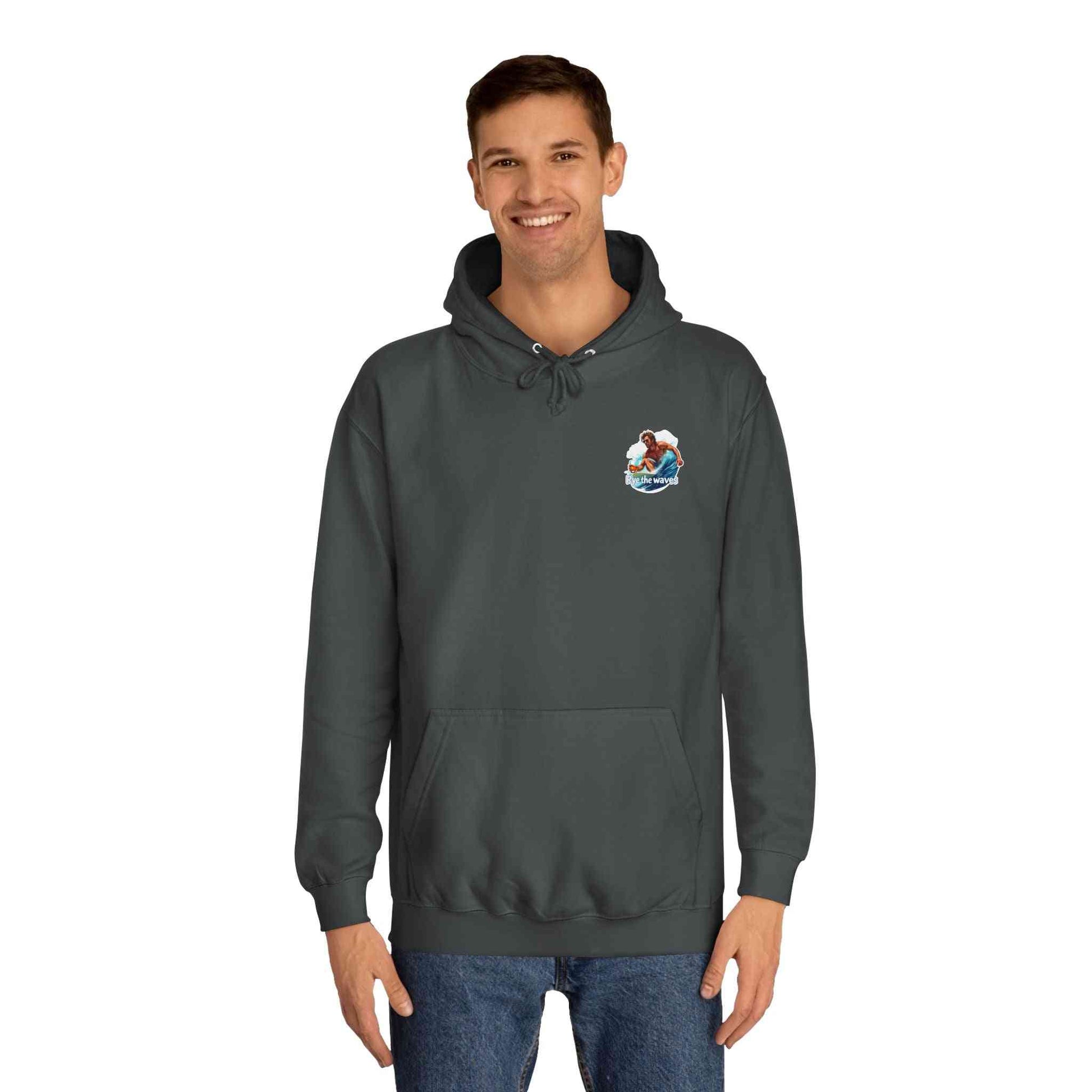 Surf Whiskey Hoodie in dark gray worn by male model, featuring cozy fit and small chest graphic for ultimate comfort and style.