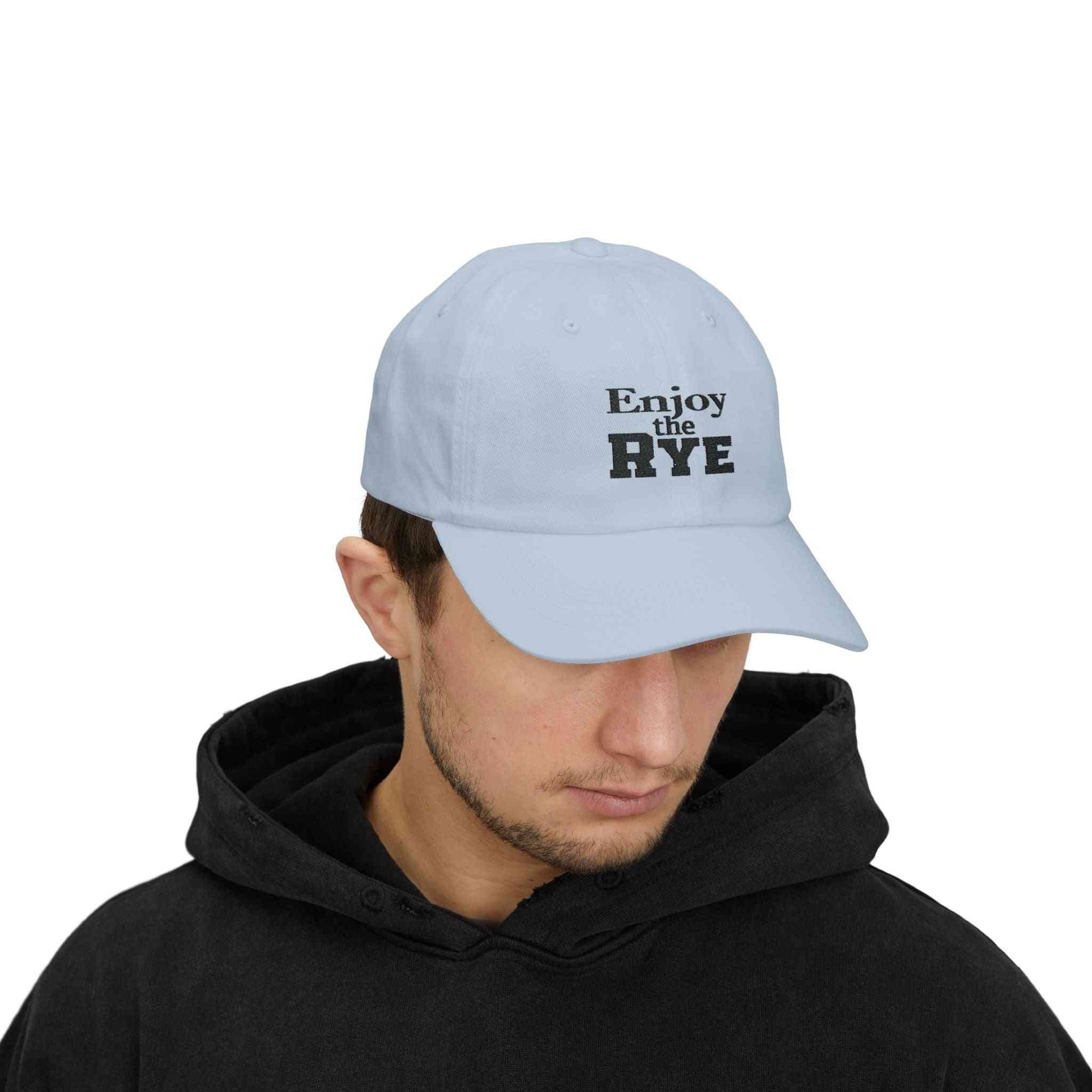 Light blue Classic Whiskey Drinking Hat with 'Enjoy the RYE' embroidered, styled for casual wear and whiskey lovers.