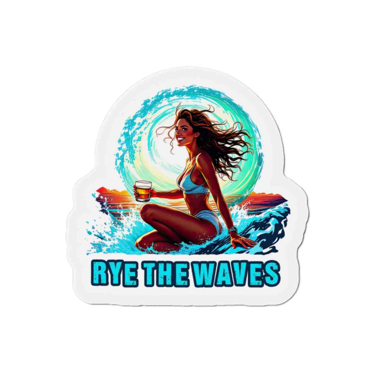 Colorful Surfer Girl Whiskey Magnet featuring a woman with rye whiskey on a wave, ideal for home decor or seasonal gift ideas.
