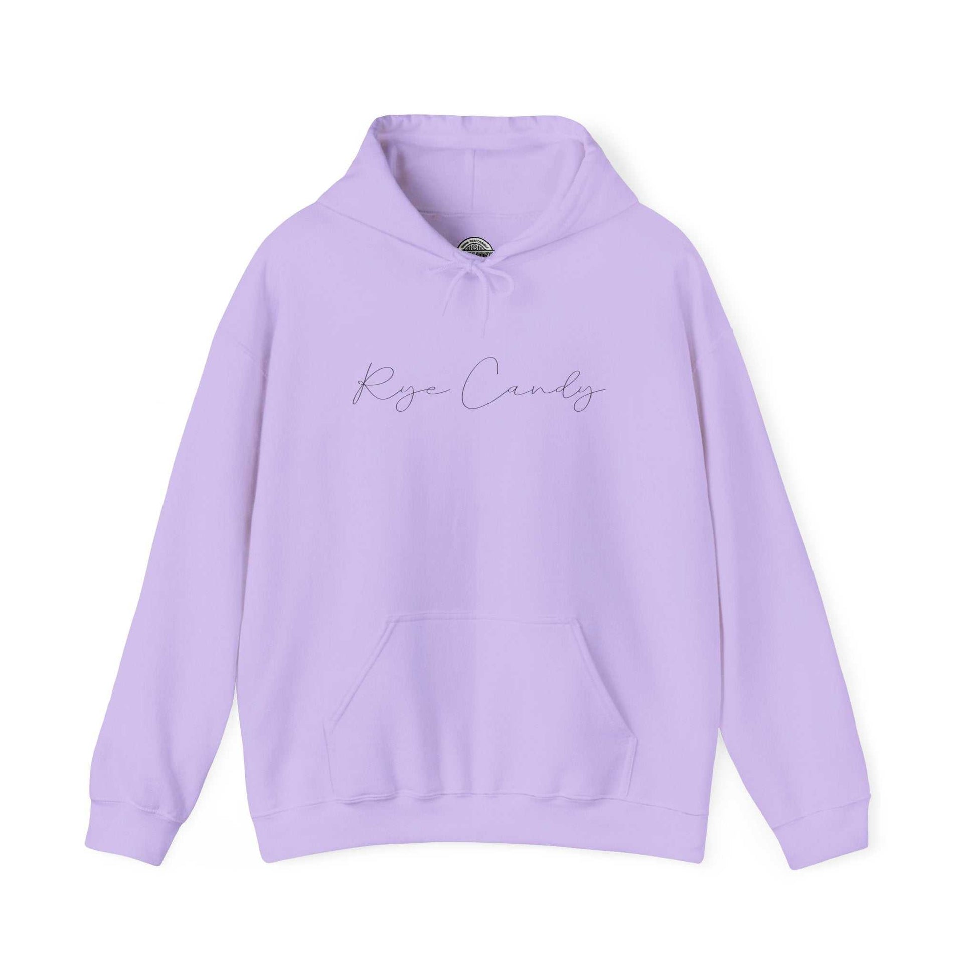 Lavender Graphic Whiskey Hooded Sweatshirt with 'Rye Candy' text, offering a soft pastel option for stylish whiskey-themed apparel.