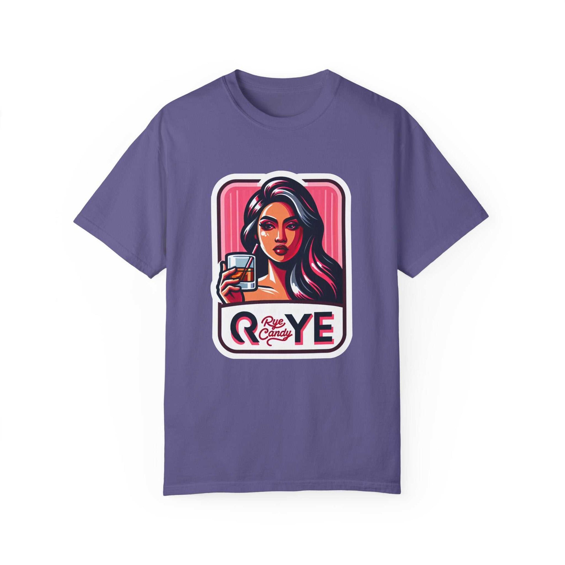 Purple humorous whiskey T-shirt with vibrant woman and whiskey glass artwork—great for stylish rye lovers with a sense of humor.