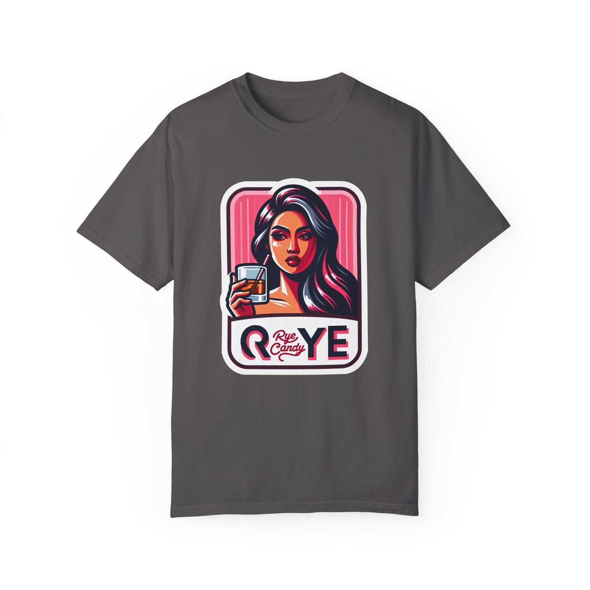 Charcoal gray humorous whiskey T-shirt with colorful woman and whiskey glass print—fun and bold for rye enthusiasts.