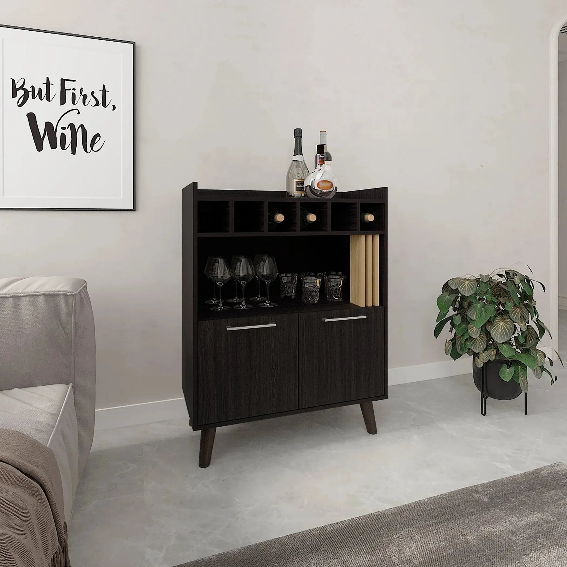 Detailed dimensions of the Vance 40" bar cabinet showing wine storage, shelving, and weight capacity for organized home bar setup.