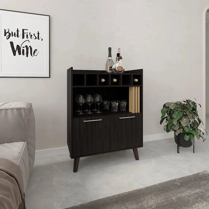 Detailed dimensions of the Vance 40" bar cabinet showing wine storage, shelving, and weight capacity for organized home bar setup.