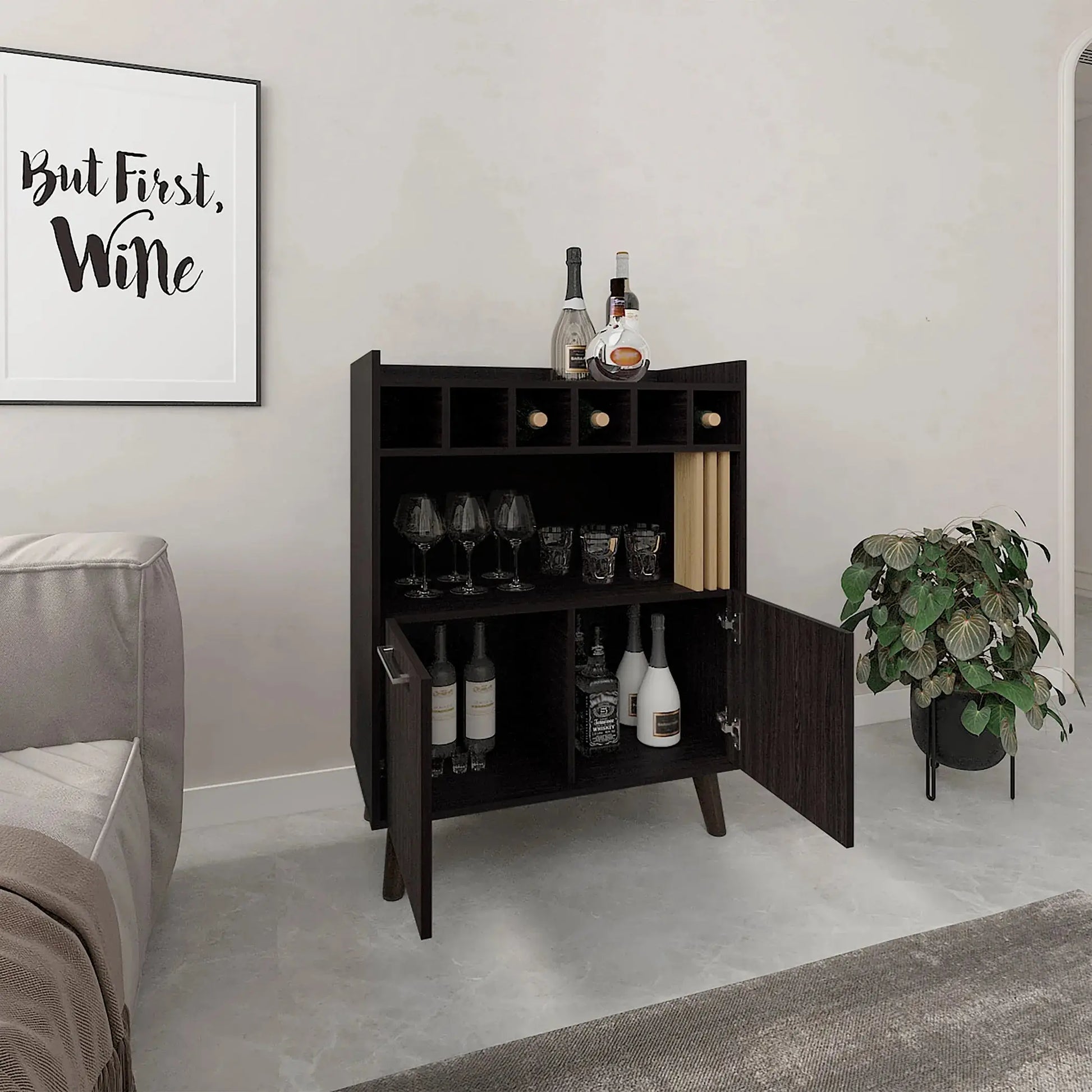 Size comparison of Vance 40" bar cabinet next to a 5.5 ft person, showcasing compact yet spacious design for home bar use.