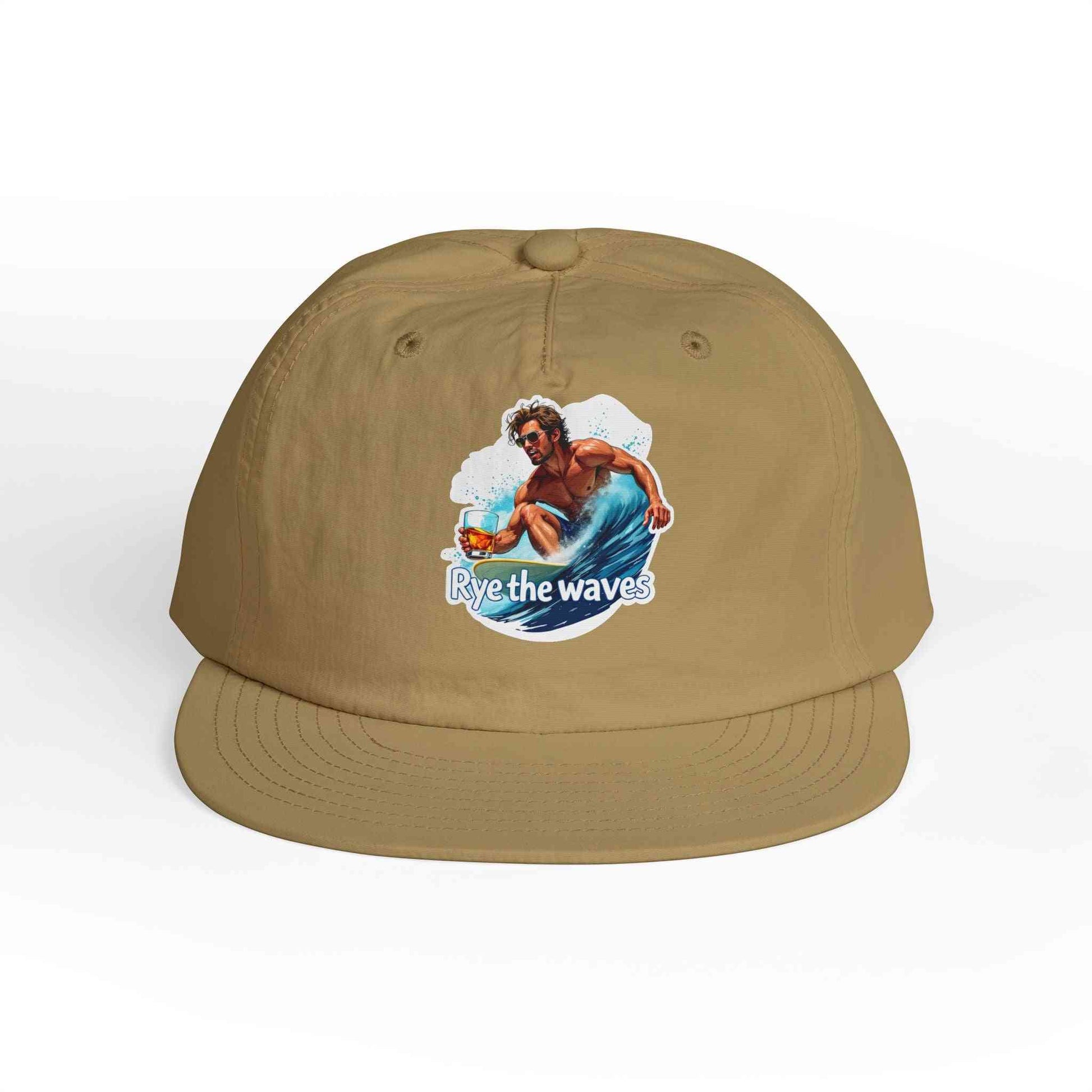 Khaki Whiskey Bent Hat for Surfers Eco-Friendly Cap with colorful surfer graphic, ideal for eco-friendly surfwear and casual outings.