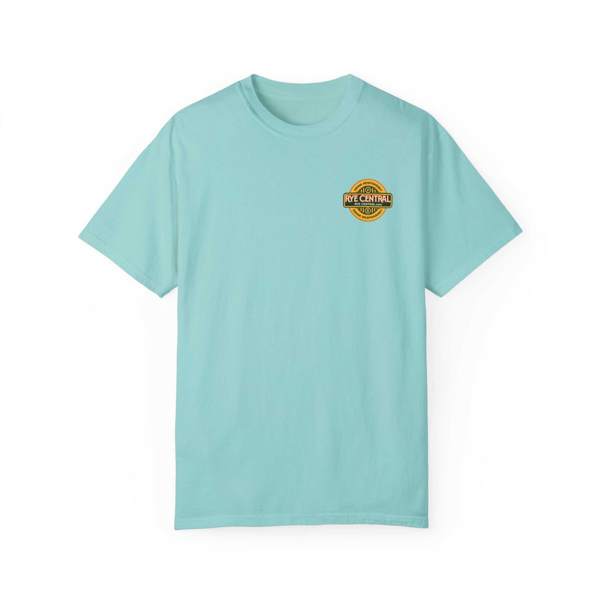 Light blue Rye Or Die Chick T-Shirt with Rye Central whiskey logo on front, casual wear for women who love whiskey and adventure.