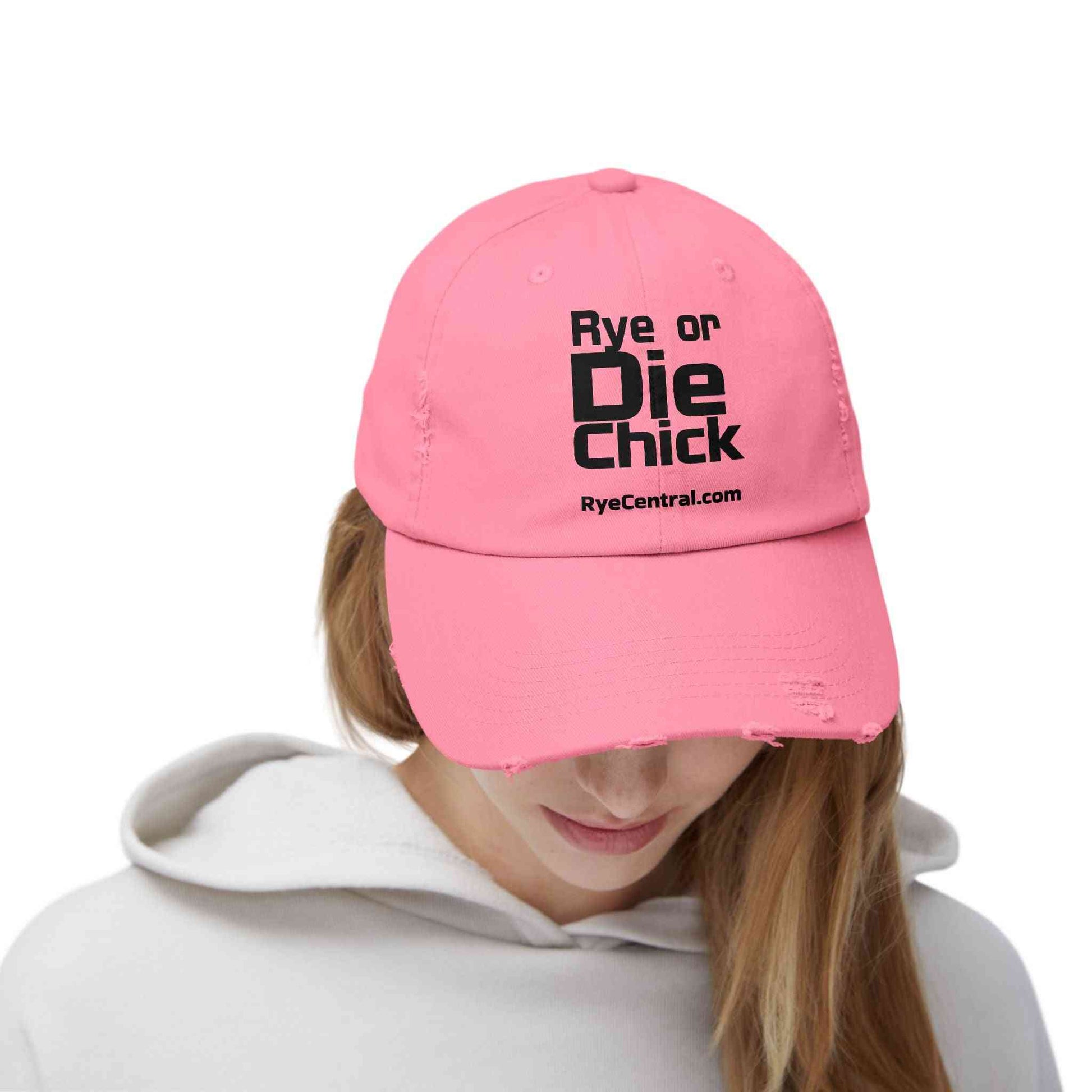 Pink Rye Whiskey Distressed Cap with 'Rye or Die Chick' slogan, perfect for women who love whiskey and bold fashion statements.