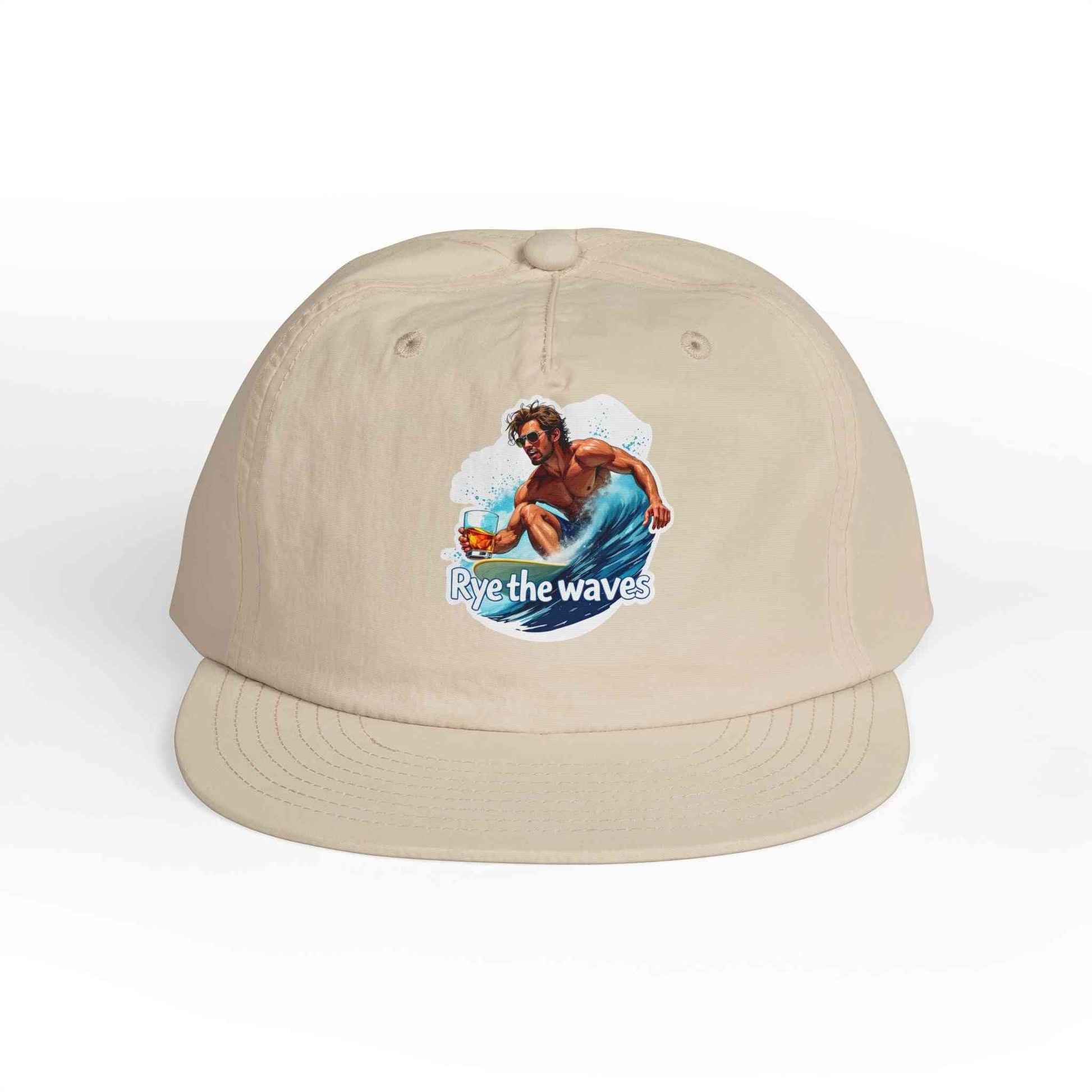 Beige Whiskey Bent Hat for Surfers Eco-Friendly Cap with a fun surfer holding whiskey graphic, designed for eco-friendly beach lovers.
