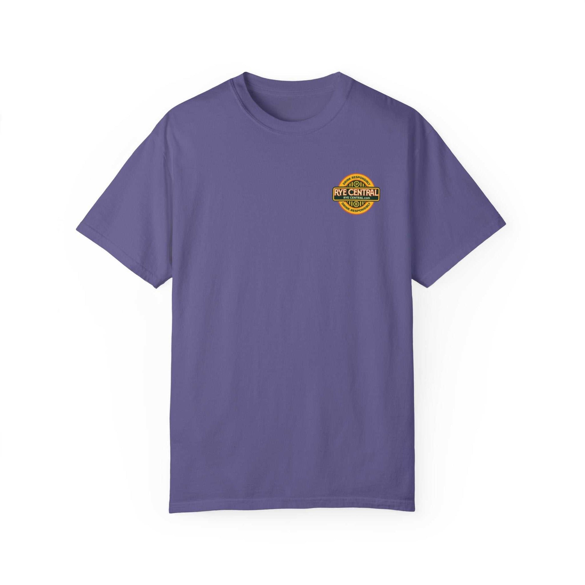 Front of purple whiskey-themed t-shirt for women featuring a small 'Rye Central' logo, perfect for casual whiskey tasting events.