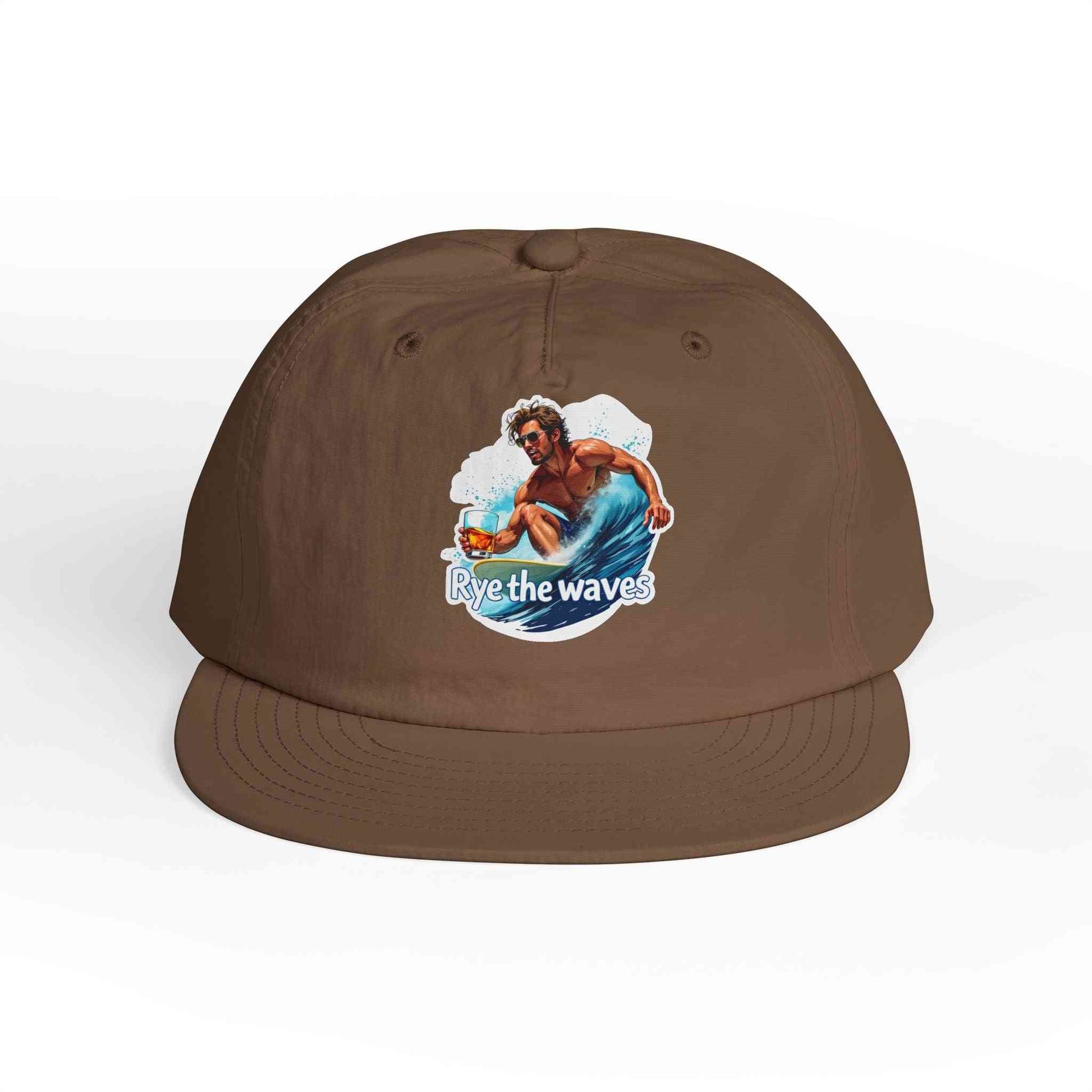Brown Whiskey Bent Hat for Surfers Eco-Friendly Cap featuring a surfer holding whiskey, great for sustainable fashion and beach gear.