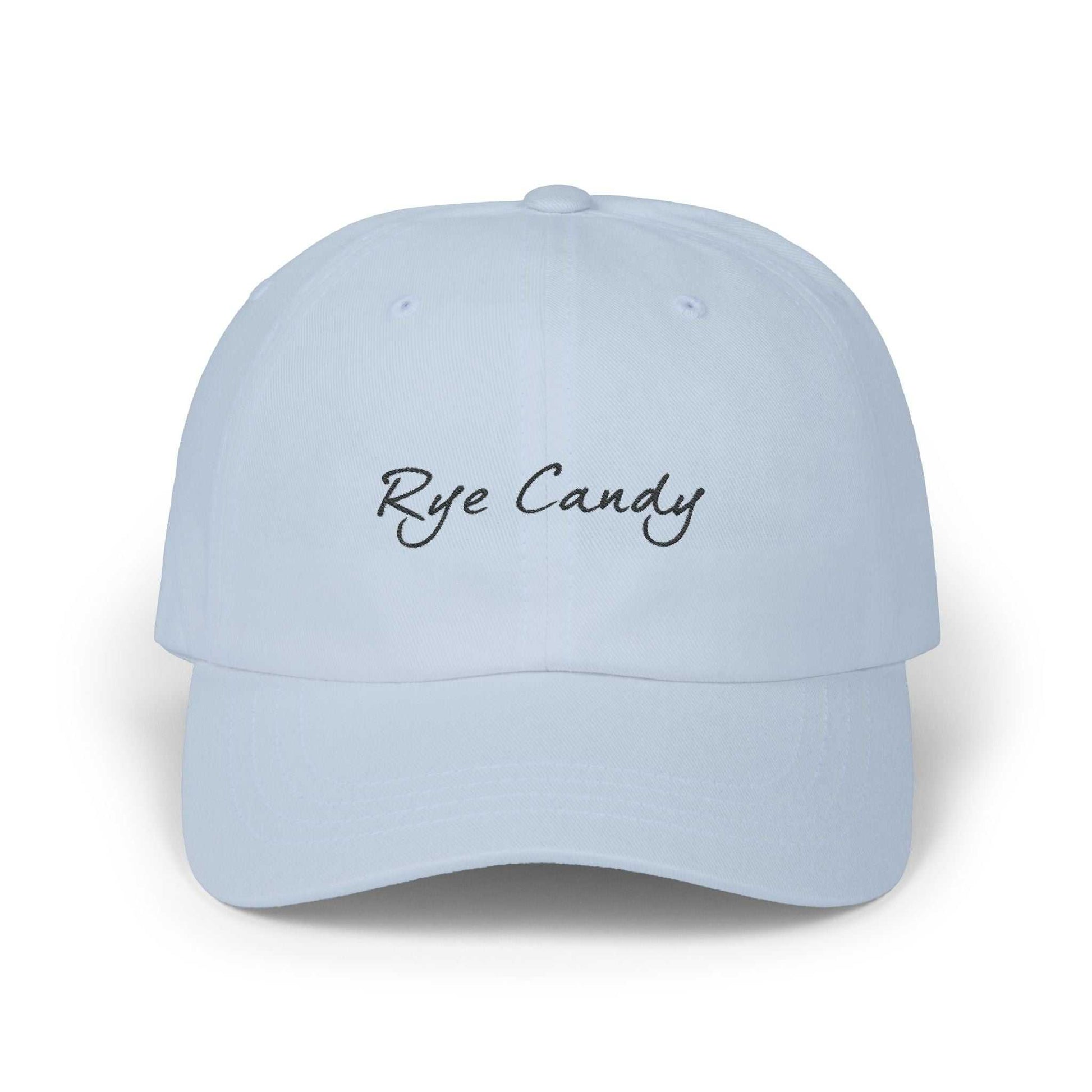Light blue women’s whiskey cap with 'Rye Candy' text, a trendy cotton hat ideal for gifting and everyday fashion.