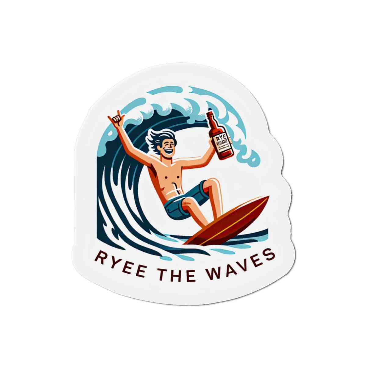 Kitchen Whiskey Magnet Décor Rye The Waves showing a surfer riding a wave with a bottle of rye whiskey. Great for seasonal or holiday fridge decor.