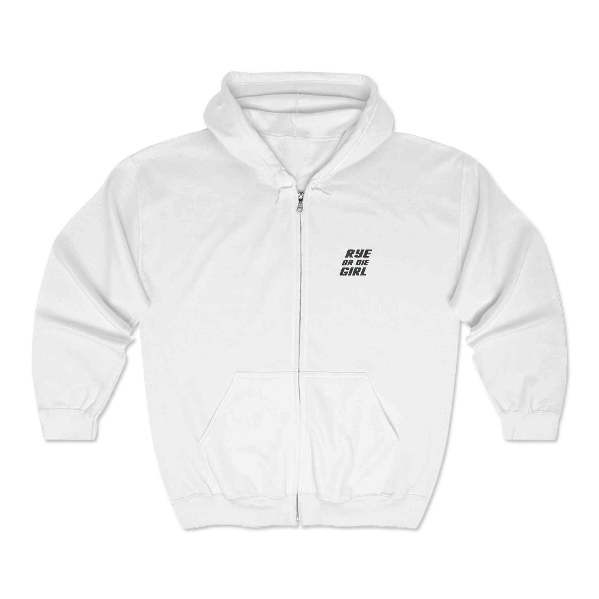 White women’s whiskey sweatshirt with 'Rye or Die Girl' text on front, stylish zip-up hoodie for whiskey lovers.