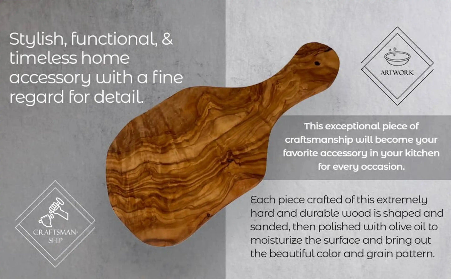 Stylish Olive Wood Cutting Board with handle, highlighted in a promotional graphic emphasizing durability and artisan craftsmanship.