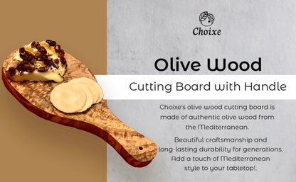 Choixe Olive Wood Cutting Board with Handle, presented in a branded ad promoting Mediterranean style and long-lasting quality.