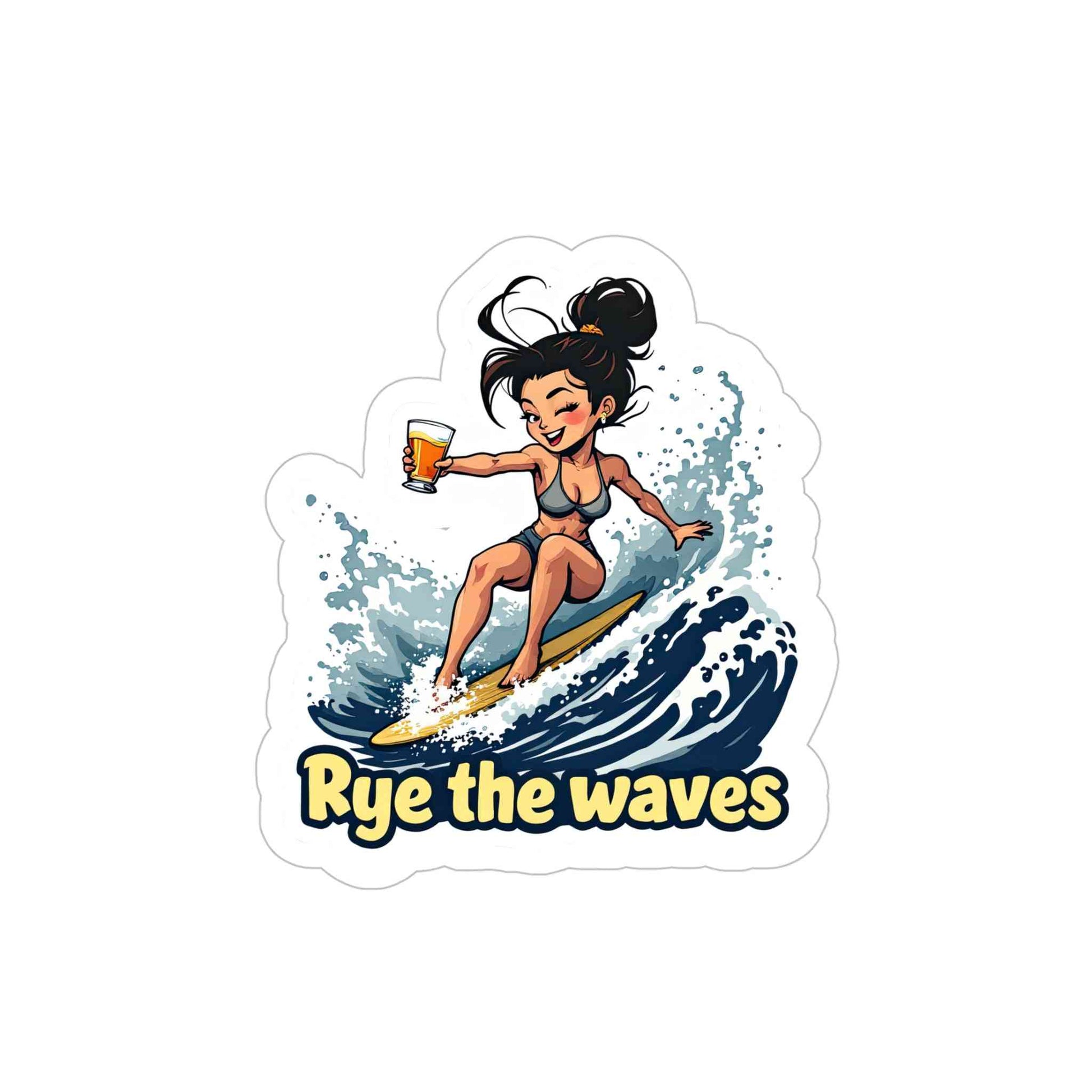 “Rye The Waves” transparent whiskey sticker featuring a cartoon woman surfing with a whiskey glass, ideal for outdoor use and whiskey lovers.