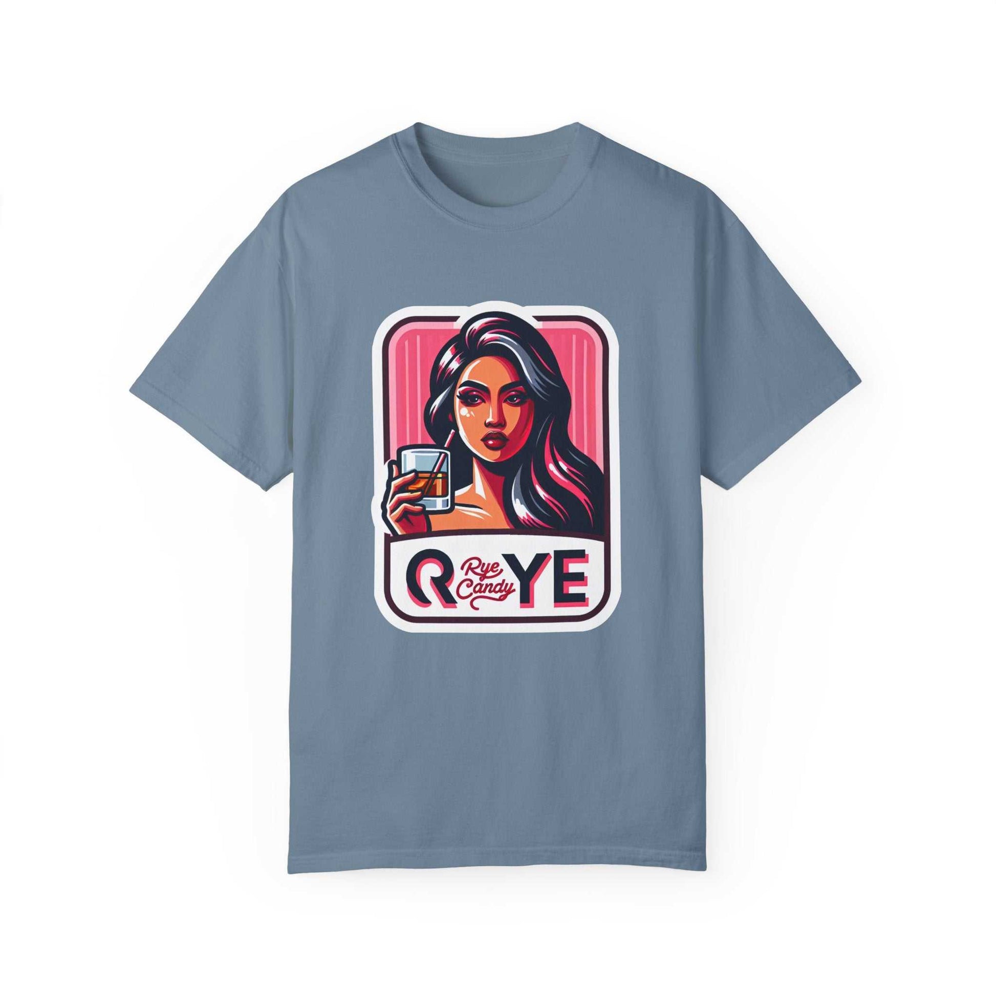 Slate blue funny whiskey T-shirt with eye-catching 'Rye Candy' design—perfect for casual wear with a whiskey twist.