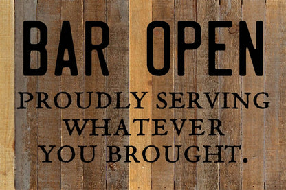 Bar Open Wall Sign with rustic wood background and bold black text, ideal wall décor for home bars or entertaining spaces.