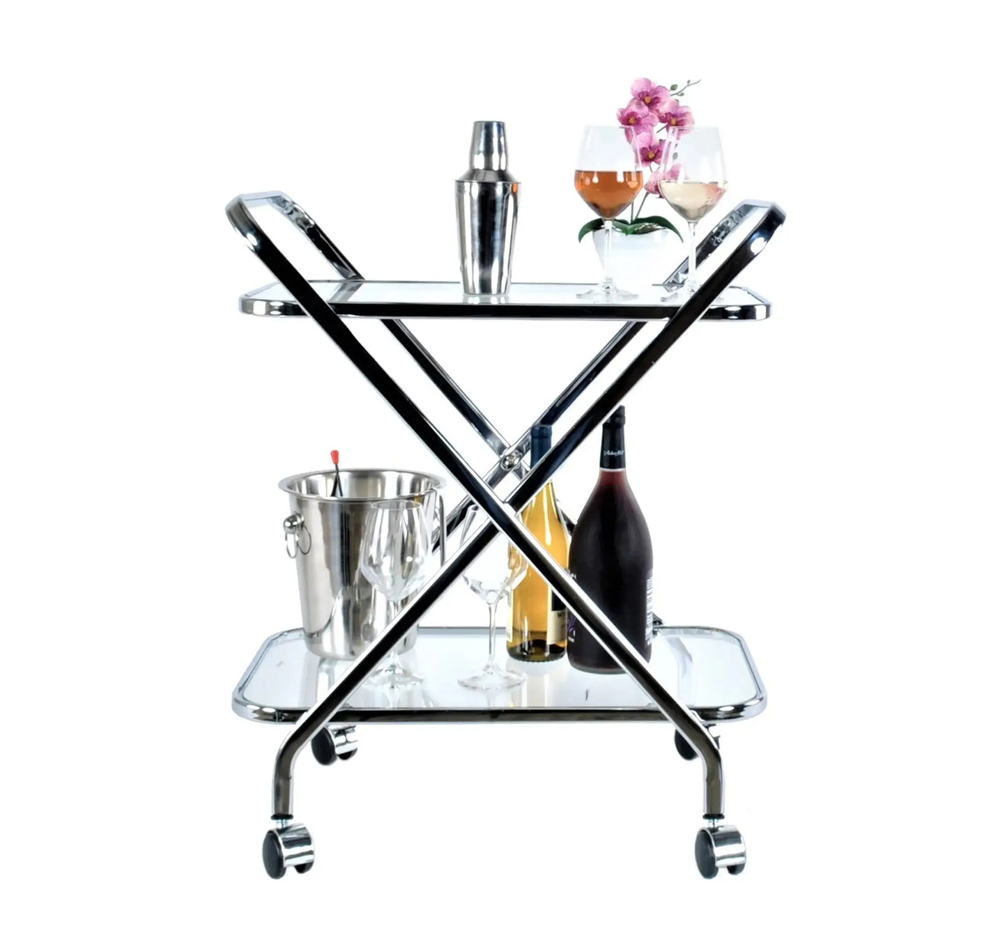 Chrome Xshape bar cart with two glass shelves, wine bottles, glasses, and shaker, ideal for elegant kitchen or dining spaces.