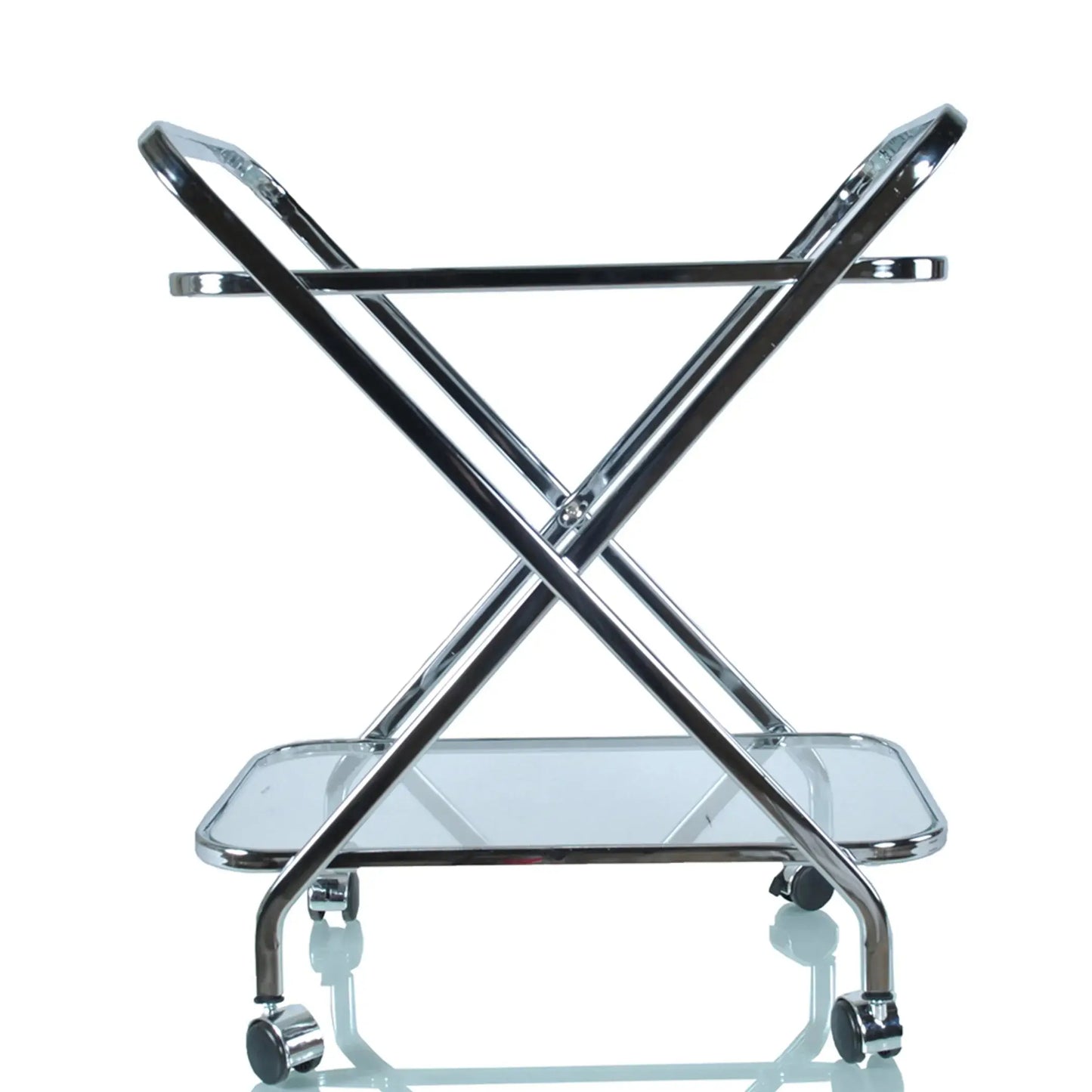 Angled view of Chrome Xshape bar cart showcasing sleek chrome frame and dual-tier glass shelving for stylish home entertaining.