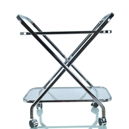 Angled view of Chrome Xshape bar cart showcasing sleek chrome frame and dual-tier glass shelving for stylish home entertaining.
