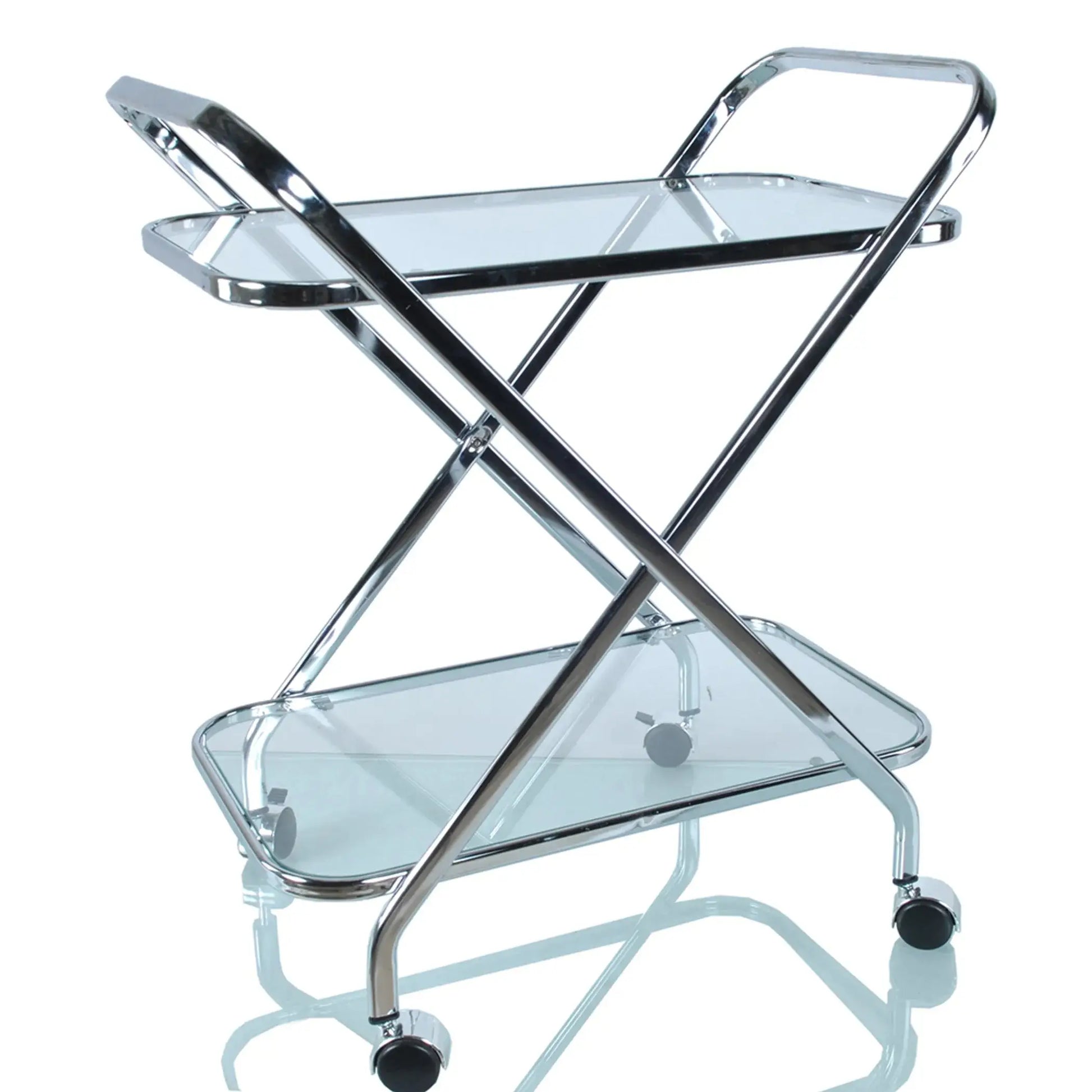 Close-up of lower shelf on Chrome Xshape bar cart holding wine bottles and glasses, highlighting functional elegance.