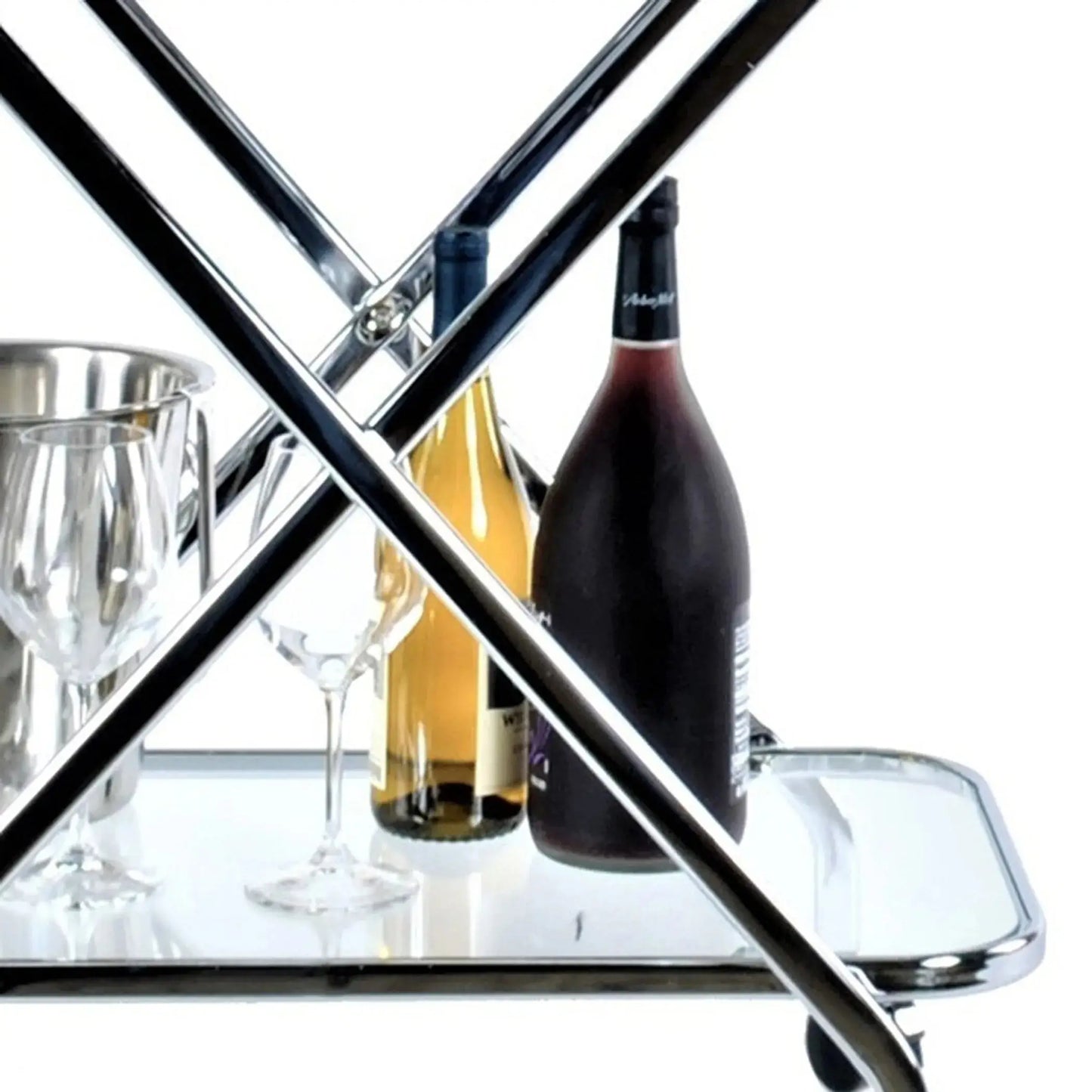 Front view of Chrome Xshape bar cart fully stocked with wine, shaker, and glasses, blending form and function for home bars.