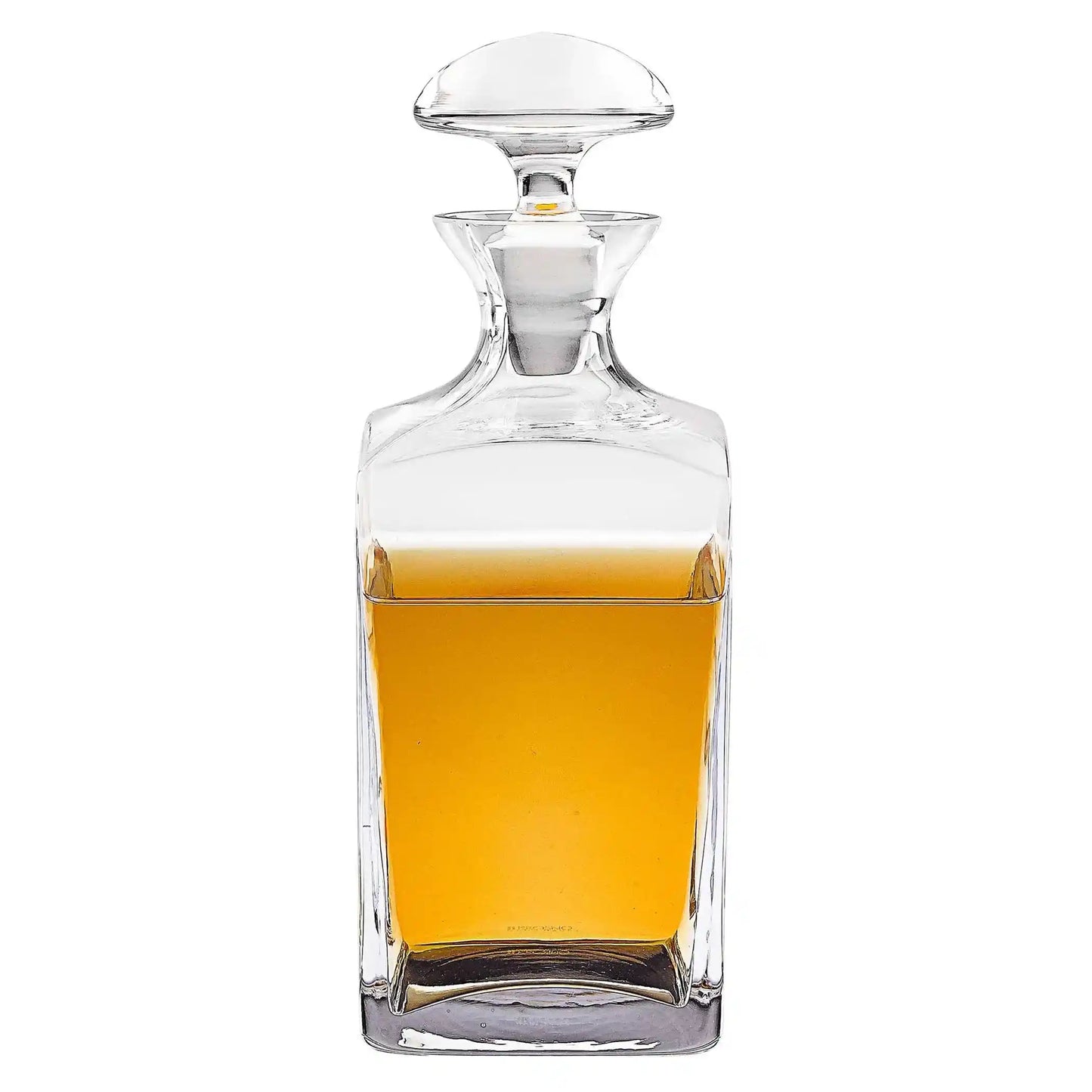Elegant 34 oz mouth-blown European crystal decanter filled with amber whiskey, ideal for luxury barware and drinkware settings.