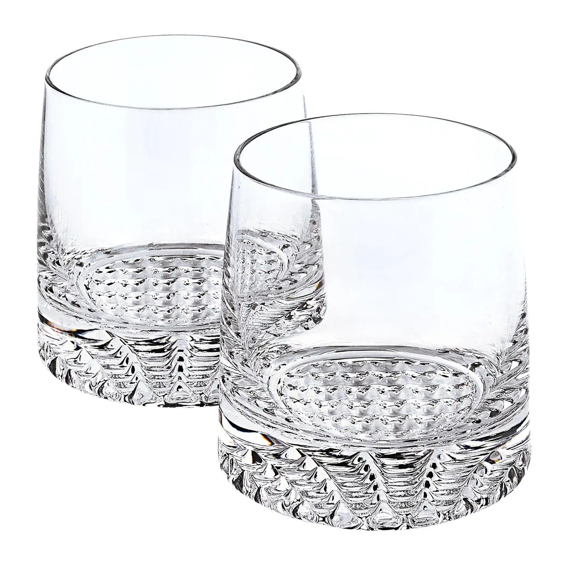 Close-up of the detailed base design on the Mouth Blown European Crystal Whiskey Set 4 Pc Rocks Or Dof Set, highlighting the textured crystal pattern.