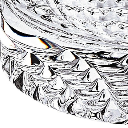 Zoomed view of the intricate crystal cuts on the Mouth Blown European Crystal Whiskey Set 4 Pc Rocks Or Dof Set, emphasizing luxury barware quality.