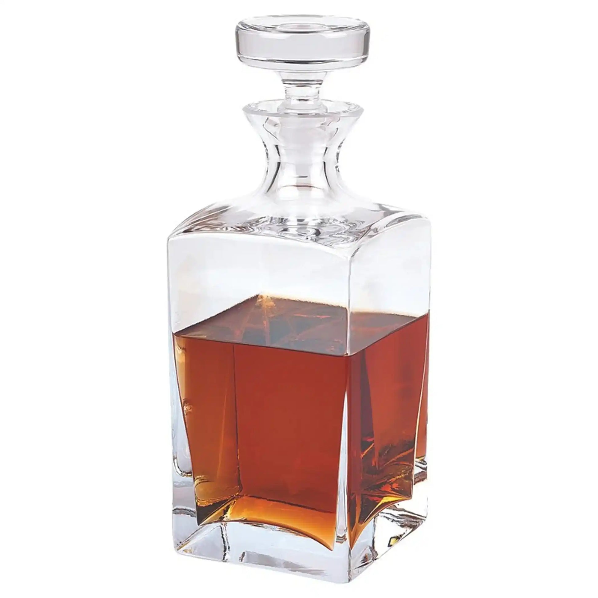 Crystal Liquor Decanter with dimensions 10.5 inches tall and 4-inch square base, perfect for stylish whiskey presentation in home bar collections.