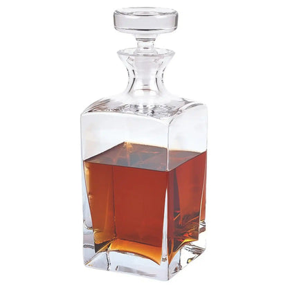 Crystal Liquor Decanter with dimensions 10.5 inches tall and 4-inch square base, perfect for stylish whiskey presentation in home bar collections.