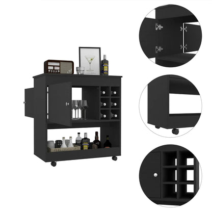 Black Rolling Bar Cart With Wine Storage styled in a modern living room, ideal for home entertaining and organized liquor display.