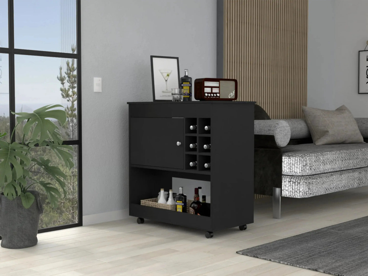 Front view of Black Rolling Bar Cart With Wine Storage with closed cabinet, wine rack, and bottom shelf, perfect for home bar setups.