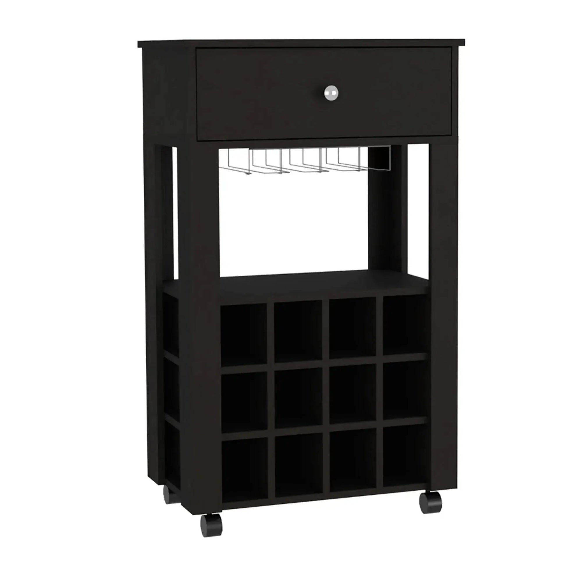 Black rolling bar cart with wine storage from RyeCentral, featuring a drawer, glass rack, and 12-bottle cubby design on caster wheels.