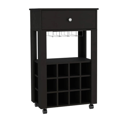 Black rolling bar cart with wine storage from RyeCentral, featuring a drawer, glass rack, and 12-bottle cubby design on caster wheels.