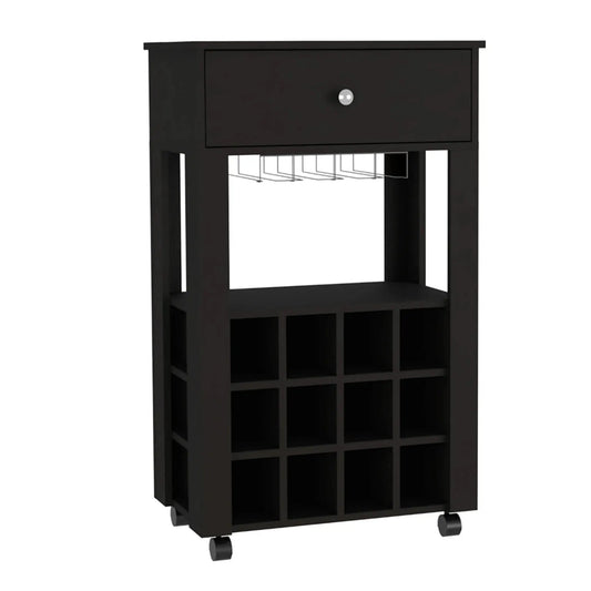 Black rolling bar cart with wine storage from RyeCentral, featuring a drawer, glass rack, and 12-bottle cubby design on caster wheels.