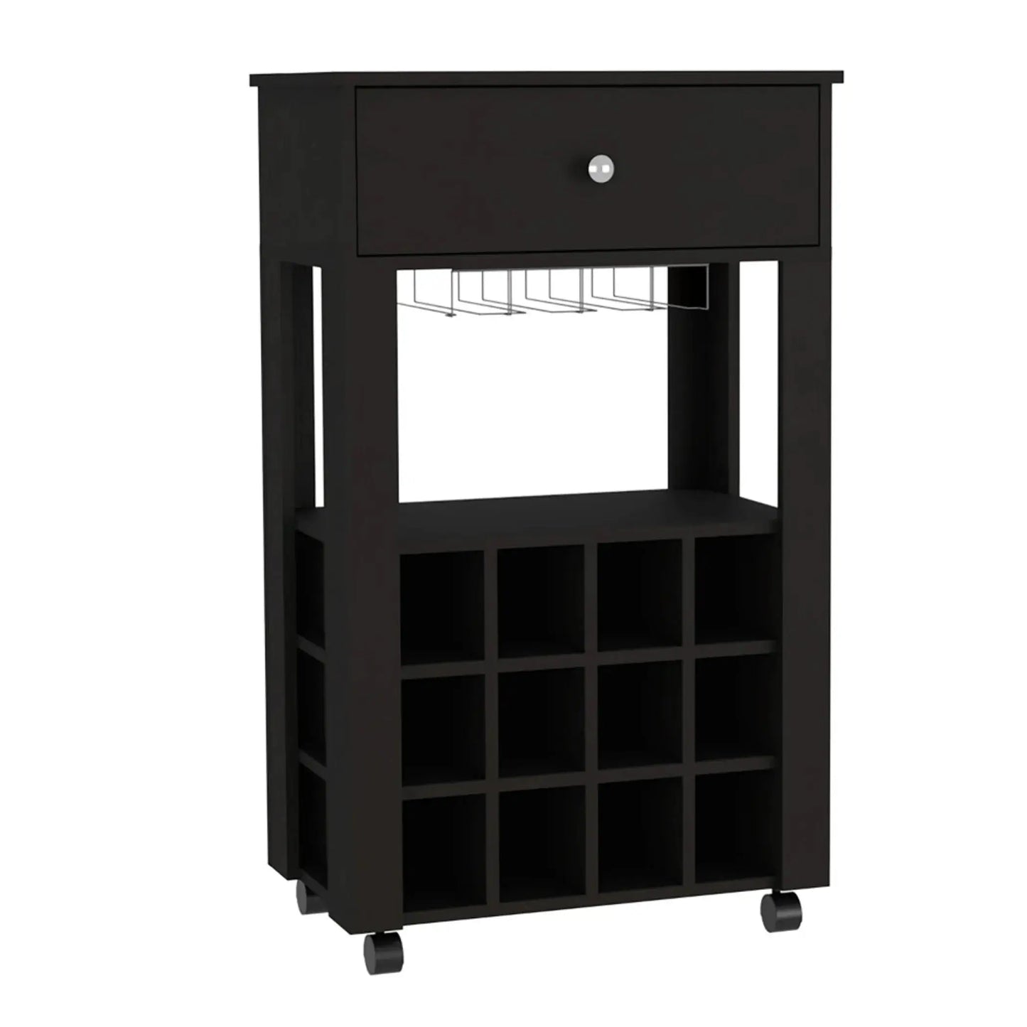 Compact black bar cart with wine storage placed in a modern interior, ideal for organizing whiskey and bar accessories stylishly.