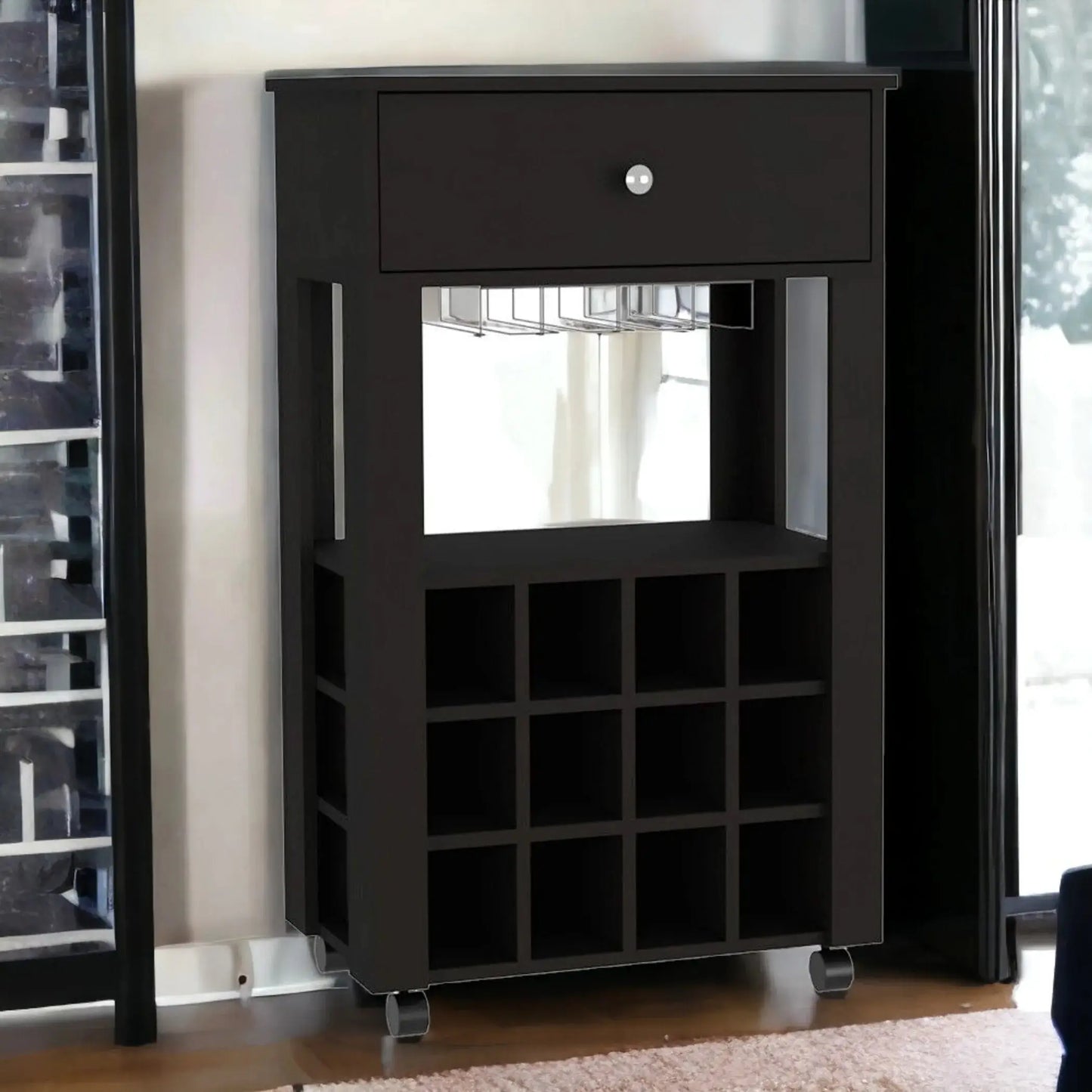 Black rolling bar cart with wine storage shown with decor and wine glasses, highlighting drawer, glass rack, and bottle compartments.