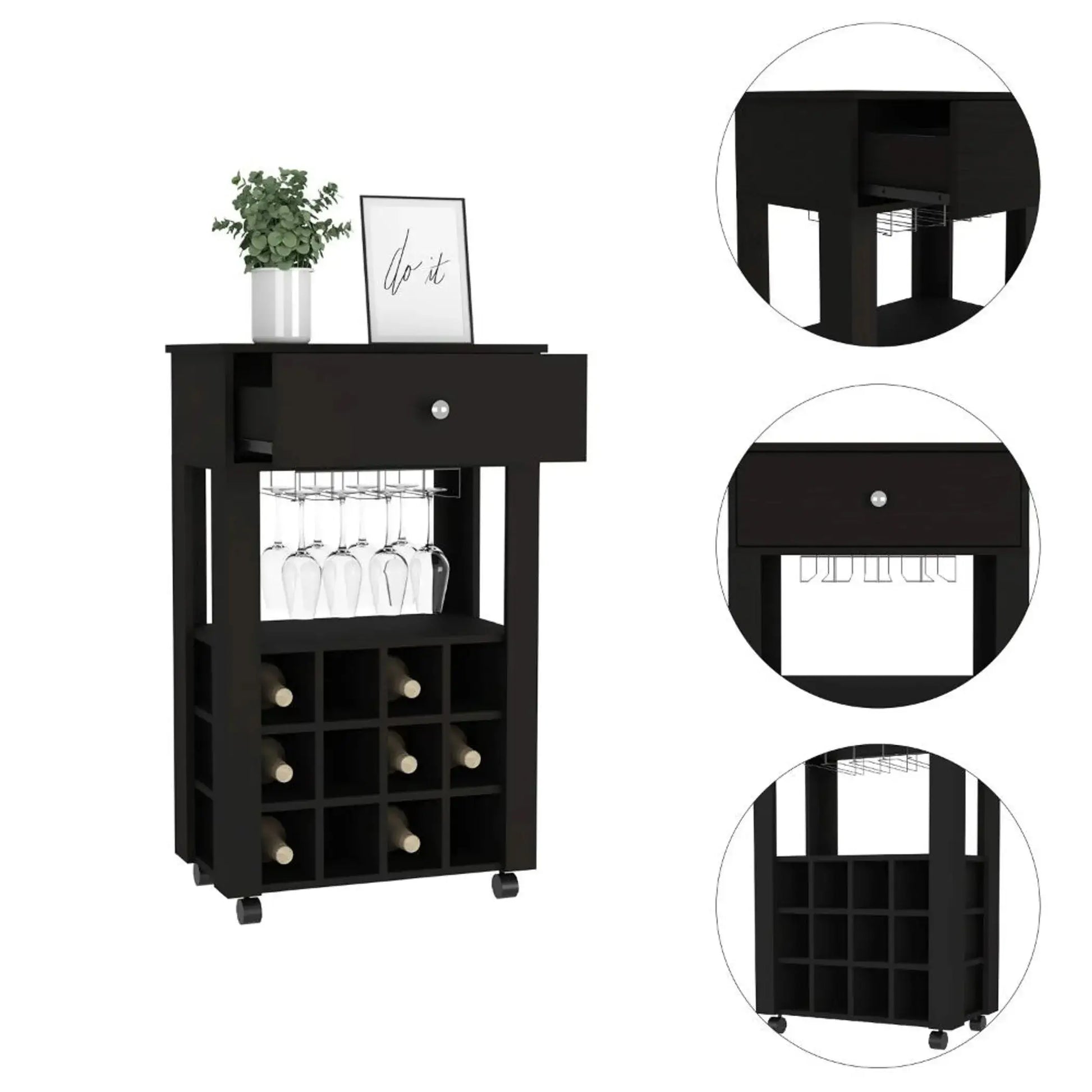 Stylish black bar cart with wine storage in a contemporary room, perfect for home entertaining and storing fine whiskey.