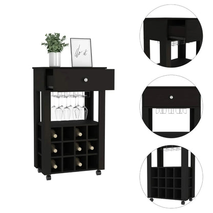 Stylish black bar cart with wine storage in a contemporary room, perfect for home entertaining and storing fine whiskey.