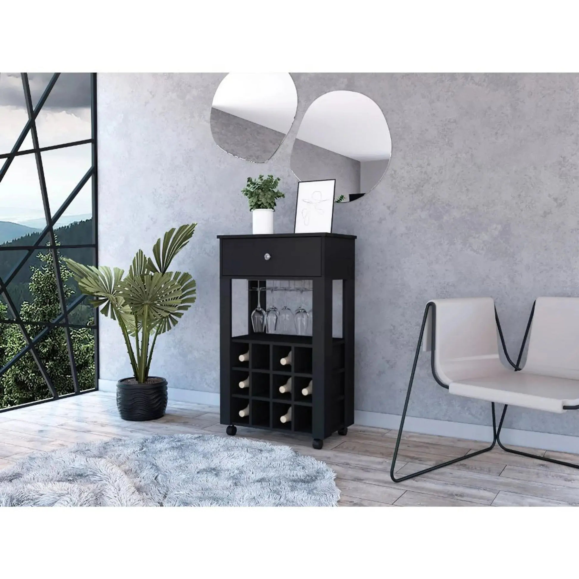 Dimensions of black rolling bar cart with wine storage: 39.37'' height, 23.62'' width, and 13.98'' depth, ideal for compact spaces.