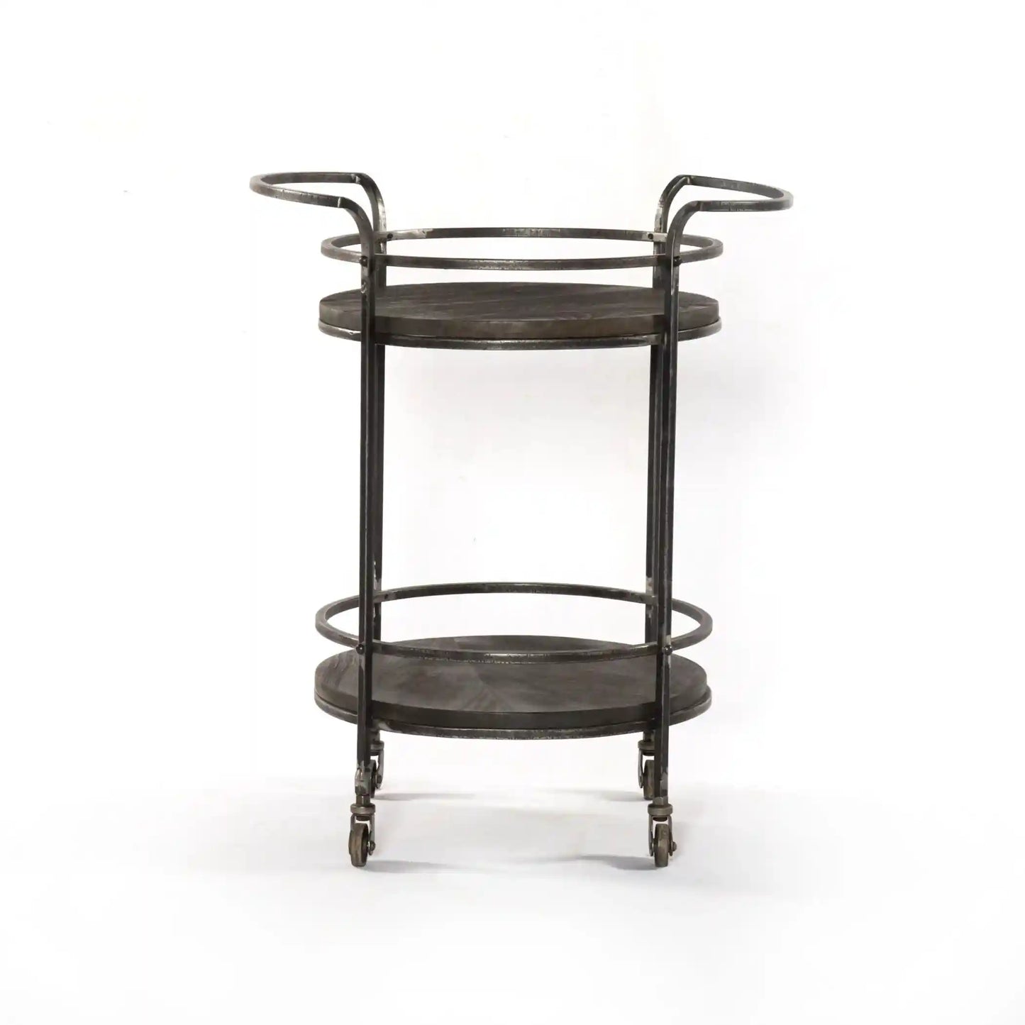 Round Bar Cart with Solid Wood Top & Dark Gray Iron Frame