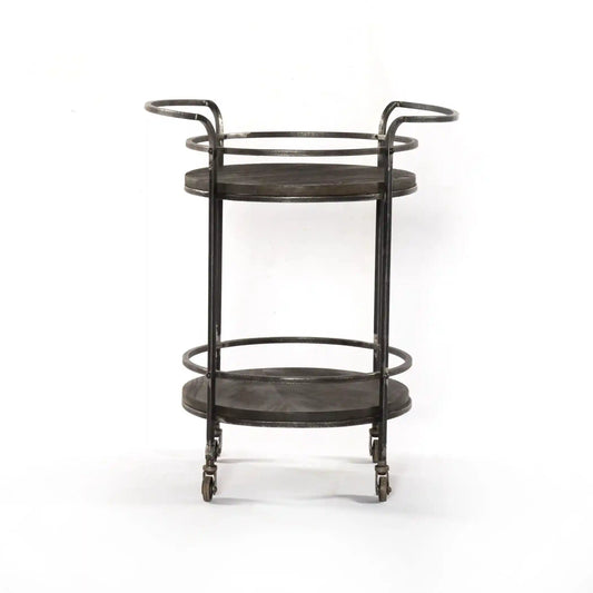 Round Bar Cart with Solid Wood Top & Dark Gray Iron Frame